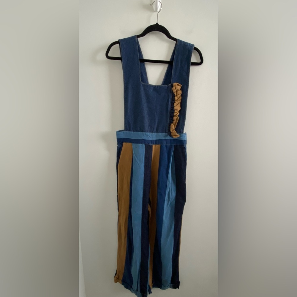 GIPCCO Blue & Tan Striped Jumpsuit With Ruffle Detail Size Small